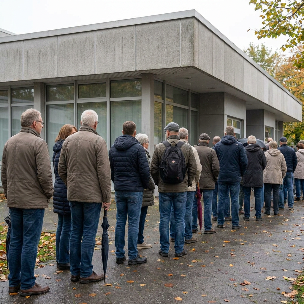 Kolejka odwiedzających przy ogólnym budynku obsługi